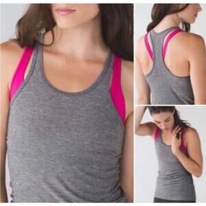 Lululemon Inspiration Tank II Heathered Slate Gray Magenta Built In Bra Sz 8‎
